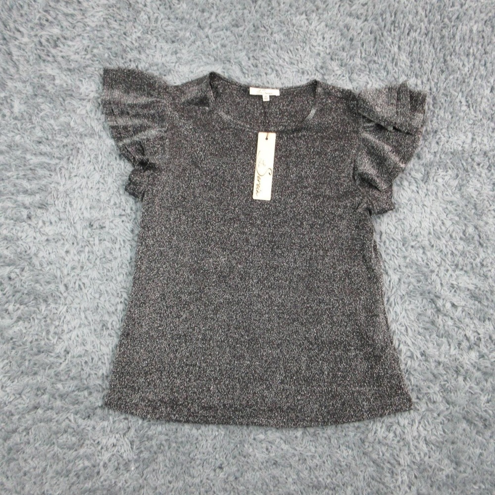 Les Serein Blouse Womens M Black Flutter Sleeve Ruffle Lined Jersey NWT